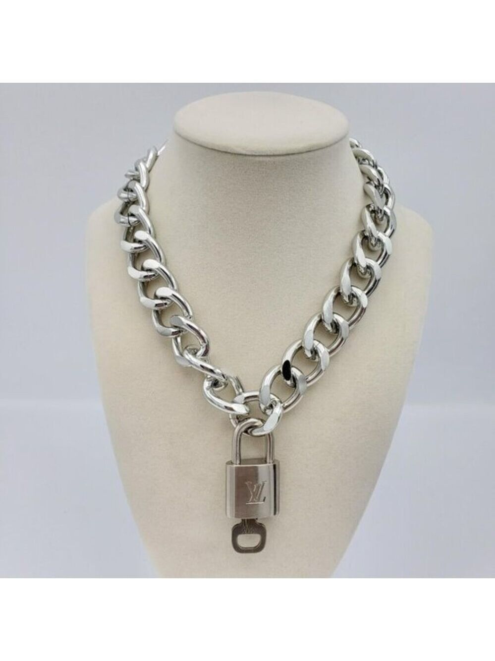 Stainless Steel Silver-Plated Necklace with Authentic Louis Vuitton Padlock